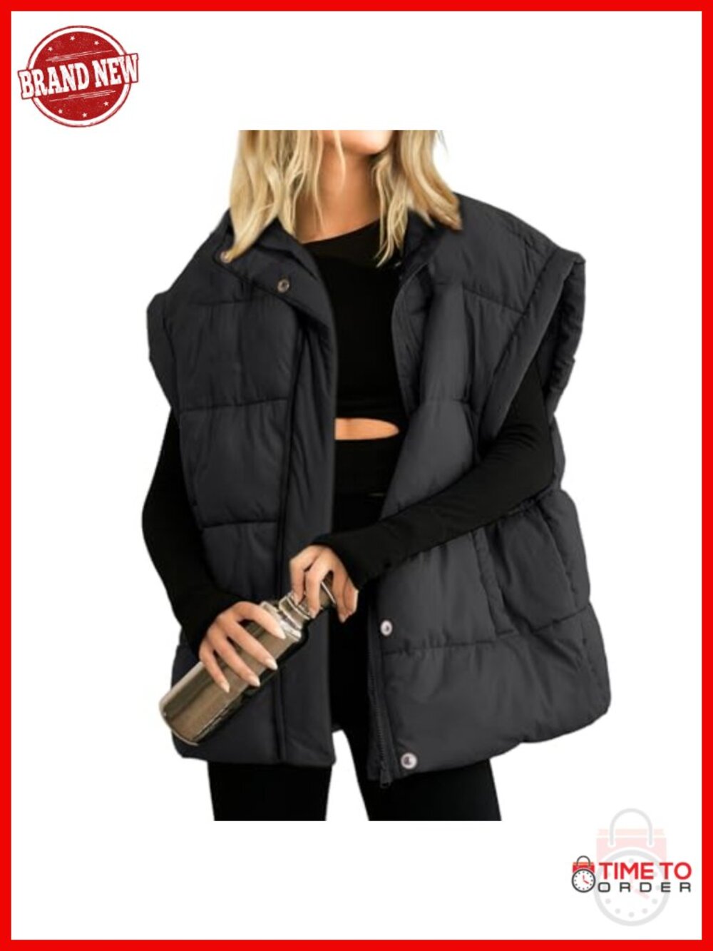 Oversized Puffer Vest Full Zip Stand Collar Sleeveless Quilted Padded Warm Coat